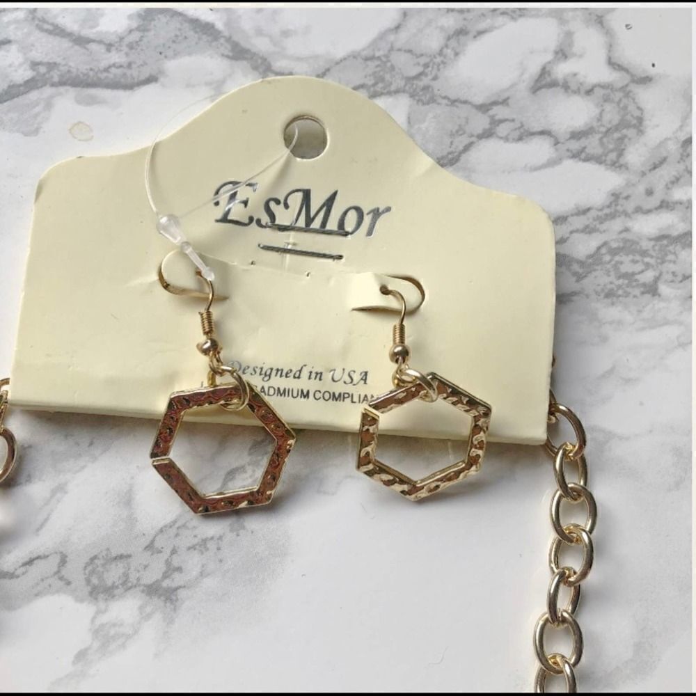 2/$30 Gold Geometric Statement Necklace Earrings Set - Picture 3 of 3